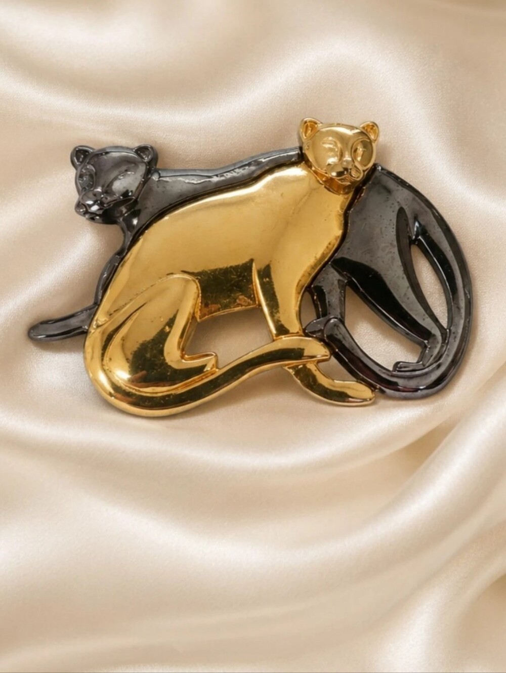 Vintage Liz Claiborne "Big Cats" Two-Tone Panther Brooch Gold Gunmetal